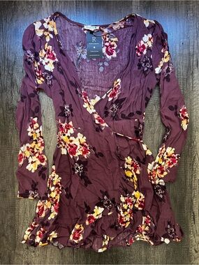Plum Floral Long-Sleeve Wrap Dress
